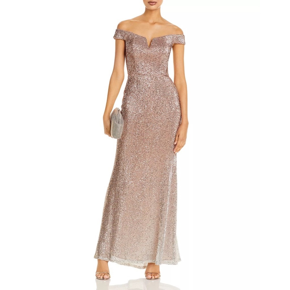 AQUA Ombré Sequin Off-the-Shoulder Gown - Blush Size 0 NWT